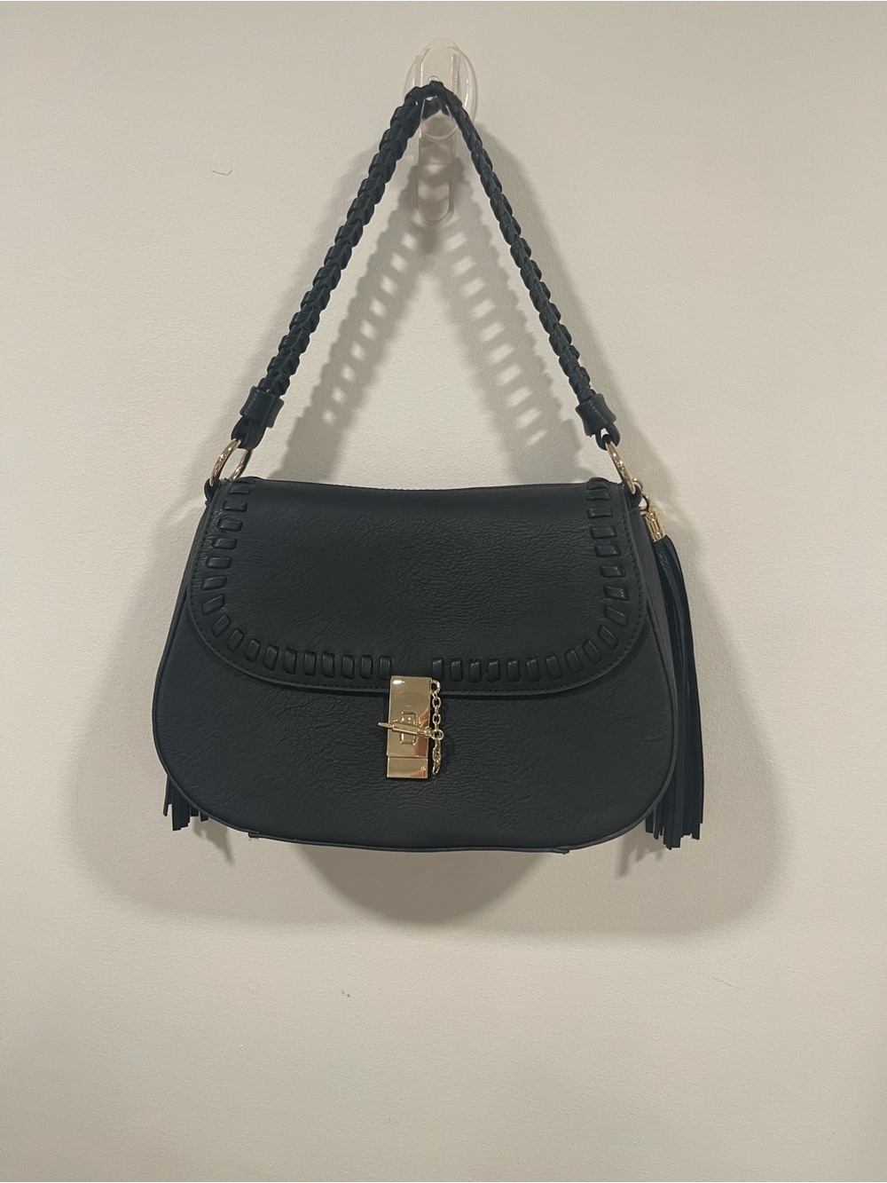 Black Braided-Handle Shoulder Saddle Bag with Gold Lock
